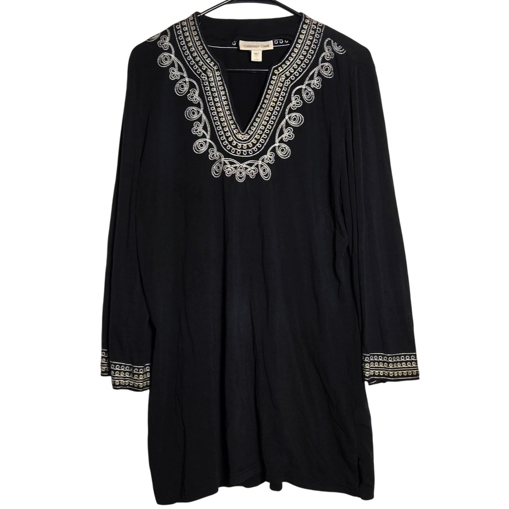 Coldwater Creek Black Embroidered Long Sleeve Tunic Top Large Boho Chic Capsule